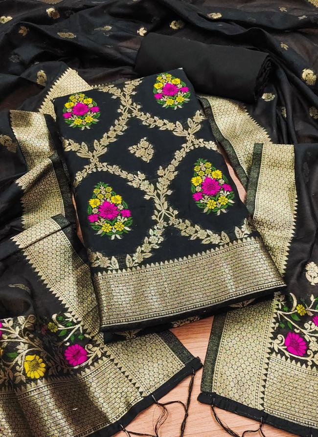 Pure Chanderi Banarasi Silk Black Festival Wear Embroidery Work Dress Material